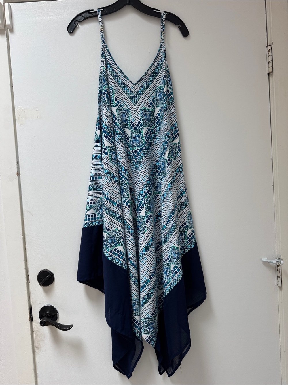 Tommy Bahama Blue and White Geometric Handkerchief Dress